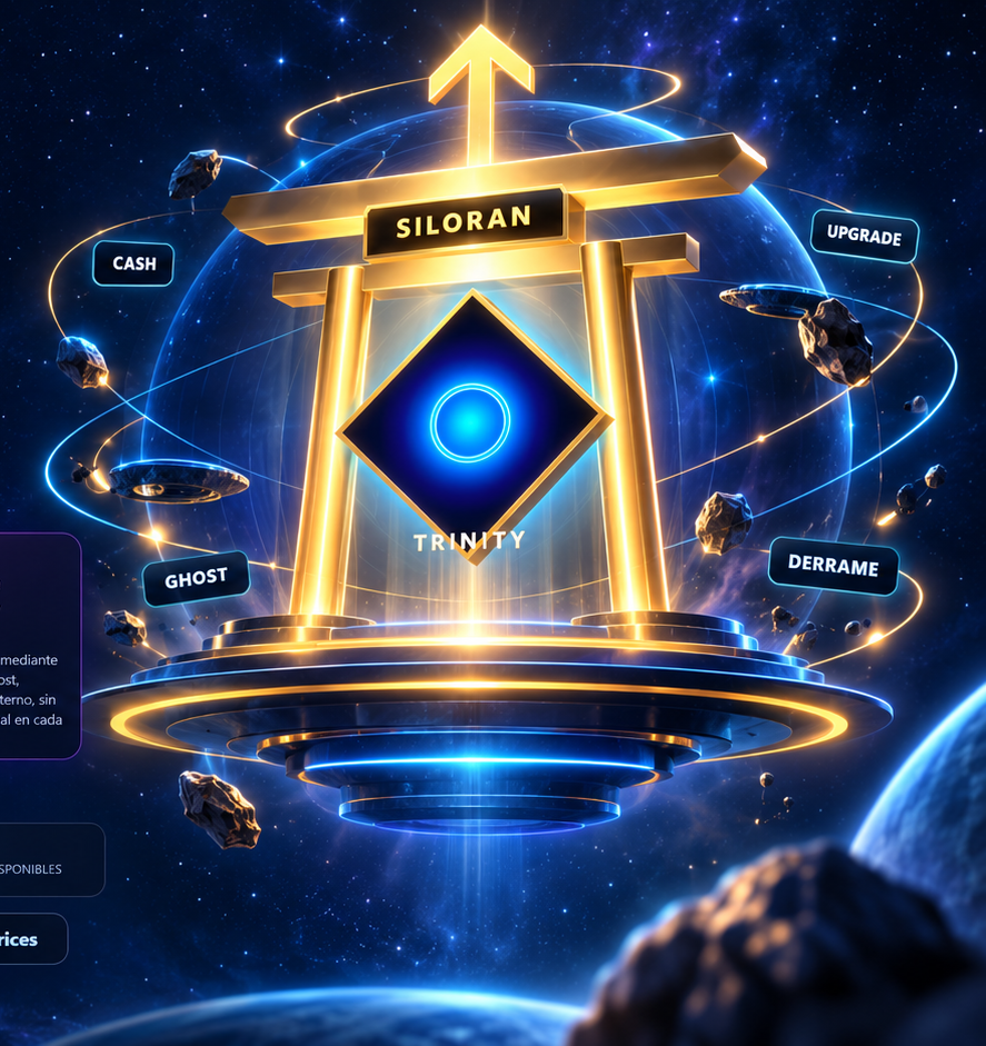 Portal conceptual 3D de Siloran Trinity con rutas de cash, upgrade, Ghost y derrame
